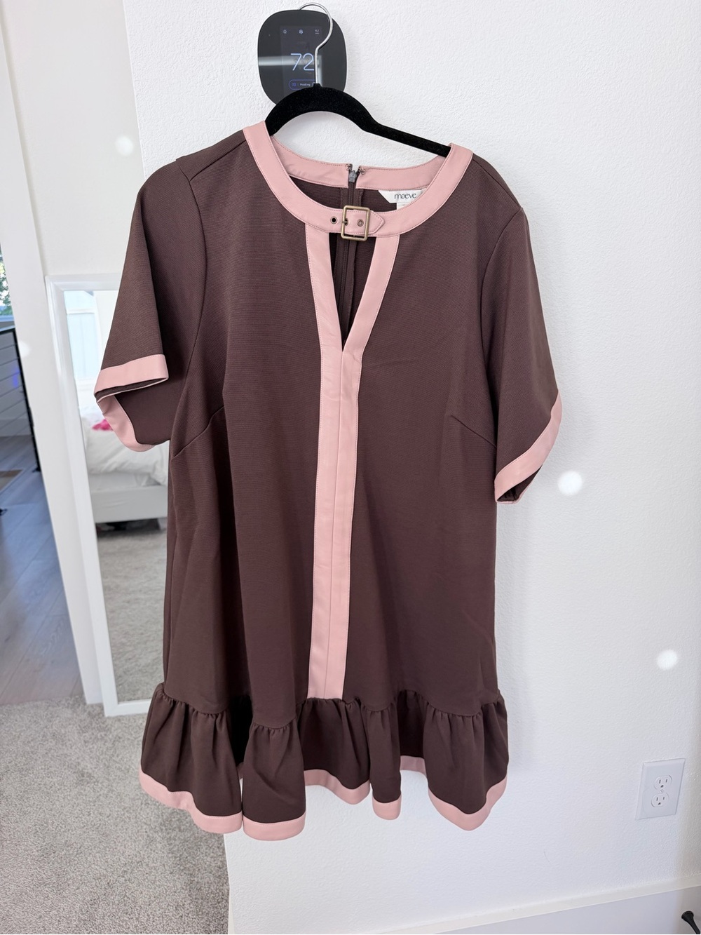 Anthropologie Brown Dress with Pink Trim and Buckle Neck